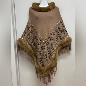 Northern Angel Faux Fur Pearl Accent Fringed Poncho L/XL